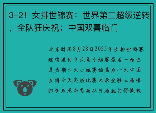 3-2！女排世锦赛：世界第三超级逆转，全队狂庆祝；中国双喜临门